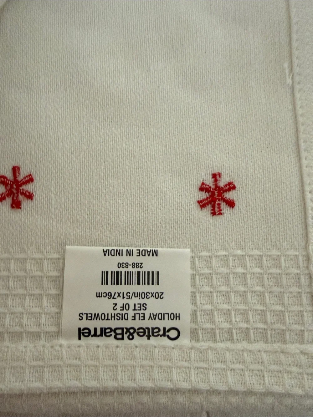 Set of 2-Crate&Barrel White Holiday Elf Kitchen Towel with Red & Green Accents